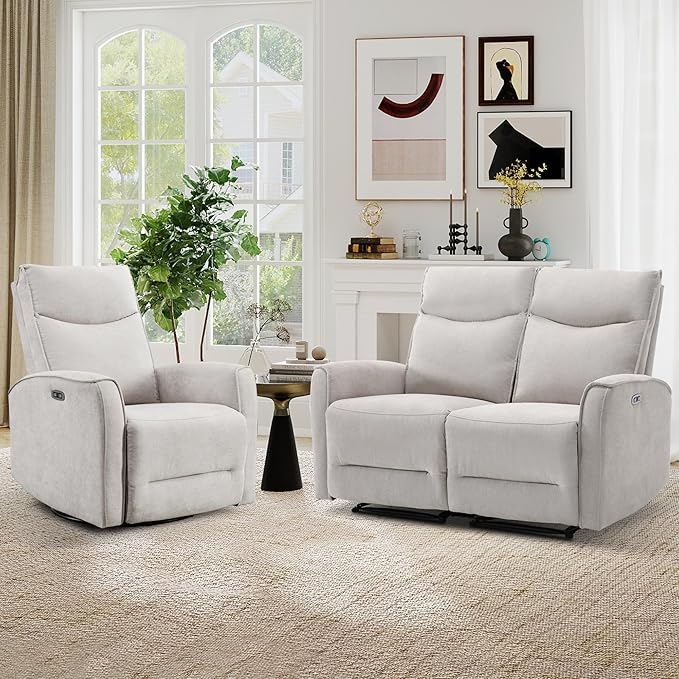 ANJ 2 Pieces Recliner Sofa Furniture Set,Include Power Swivel Recliner Chair with USB Port and 2-Seater Loveseat Reclining Couch for Living Room,Light Grey