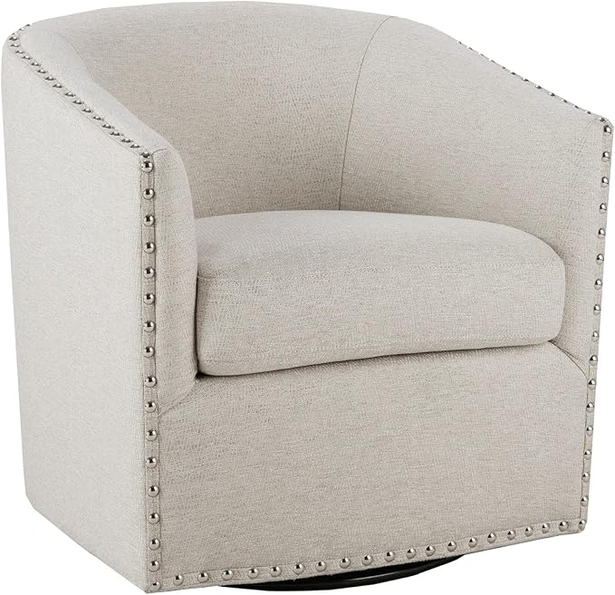 Madison Park Swivel Barrel Accent Chair, Upholstered Curved Back with 7-Inch Thick Woven Cushion, 360° Swivel, Nailhead Trim, Comfy Chair for Living Room, Bedroom, Office, 28" Wide, Neutral, Tyler