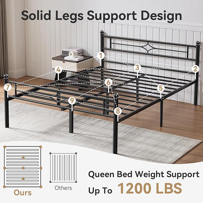 BedsPick Queen Size Metal Bed Frame with Headboard and Footboard, Platform Bed Frame with Premium Steel Slats Support/12.5'' Under Bed Storage Space/No Box Spring Needed/Noise Free/Easy Assembly/Black