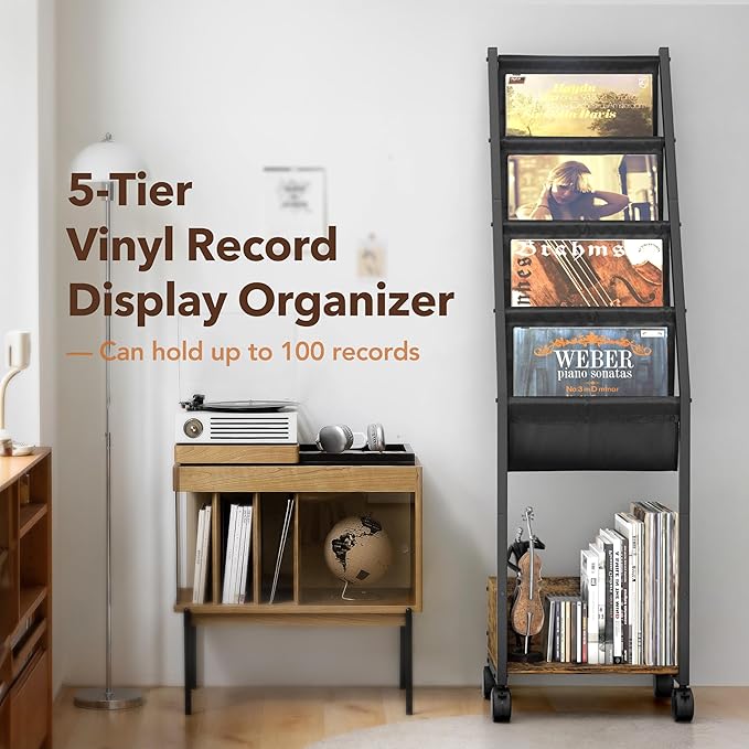 Keebofly Vinyl Record Storage, Record Holder Up to 100 Albums, Record Stand with 4 Tier Vinyl Holder Display Shelf, Movable Vinyl Storage Organizer Rack, Record Cabinet for Book Magazine Turntable