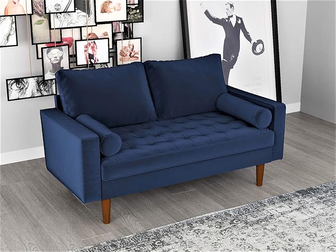 Container Furniture Direct Womble 58 Inch Velvet Loveseat Sofa with Elegant Button Tufted Upholstery, Square Arms, Splayed Wood Legs, Includes Matching Bolster Pillows, Misty Blue