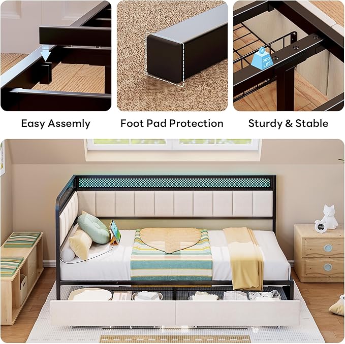 LIKIMIO Twin Corner Bed Frame with Storage Drawers and Charging Station, Modern Twin Daybed with LED Lights and Upholstered Guardrail, Beige