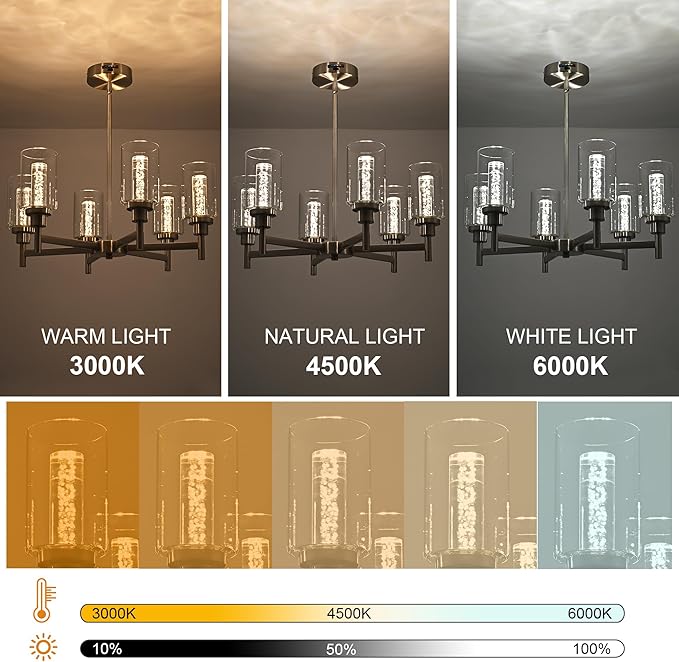VINLUZ 6 Ceiling Light Industrial Chandelier Brush Nickel Pendant Lighting Hanging Fixture with Cylinder Clear Glass for Kitchen Bedroom Dining Room