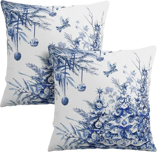 Blue Christmas Tree Pillow Covers 20x20 Set of 2 Chinoiserie Xmas Pine Trees Bird Ball Decorative Throw Pillows Winter Rustic Style Print Outdoor Cushion Cases for Home Party Sofa