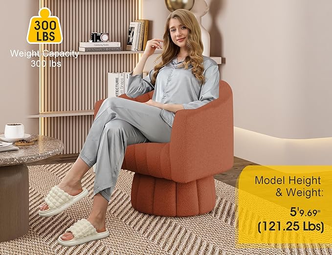360 Degree Sherpa Swivel Cuddle Barrel Accent Sofa Chairs, Round Teddy Armchairs with Wide Upholstered, Furry Boucle Reading Chair for Living Room, Bedroom, Office, Waiting Rooms (Orange)
