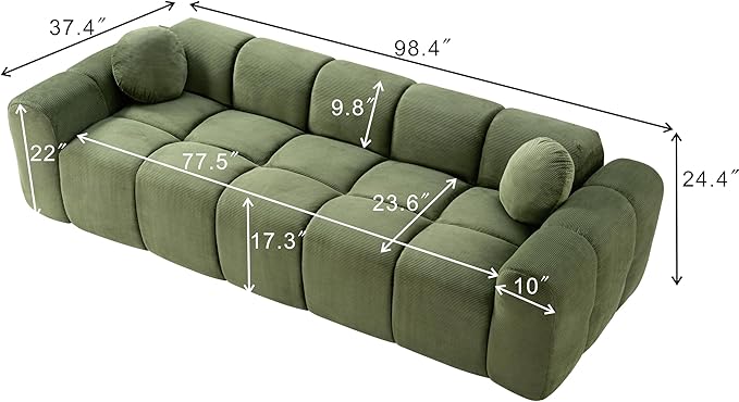 98.4-Inch Oversized Boneless Cloud Couches Deep Seat Foam Sofa Couch with 2 Round Toss Pillows, Luxury Corduroy Upholstered 3 Seat Tufted Loveseat, Cloud Sofa in a Box