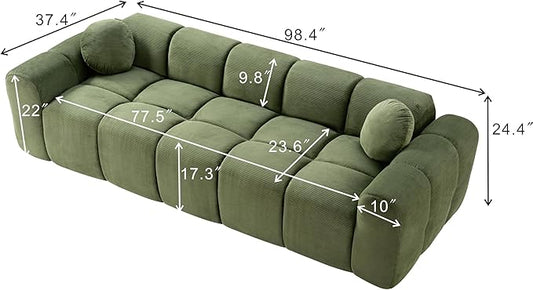 98.4-Inch Oversized Boneless Cloud Couches Deep Seat Foam Sofa Couch with 2 Round Toss Pillows, Luxury Corduroy Upholstered 3 Seat Tufted Loveseat, Cloud Sofa in a Box