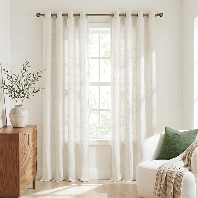 NICETOWN Semi Sheer Linen Burlap Curtains for Living Room, Grommet Light Filtering Airy & Elegant Window Treatments Natural Linen Blend Home Decor for Bedroom, W52 x L96, 2 Panels