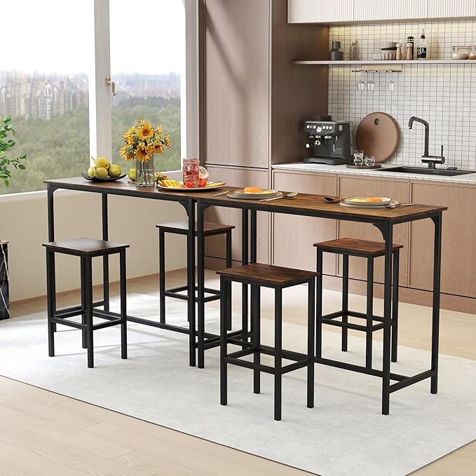 COSTWAY 3-Piece Dining Table Set, 47.5" Industrial Counter-Height Kitchen Table and 2 Bar Stools, High Top Rectangular Pub Table and Chairs for Dining Room Small Place Breakfast Nook Bistro (Coffee)