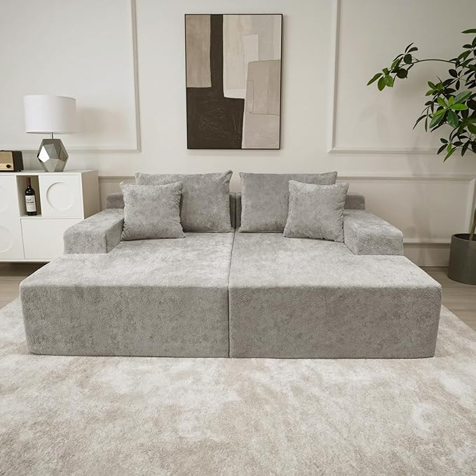 SYTOPIA Loveseat Chaise Lounge with Armrests, Oversized Sofa Bed with 4 Pillows, Cozy Boneless Sleeper, Modular Sectional Couch for Living Room Bedroom, Floor Chair Furniture sala Chenille, Urban Grey
