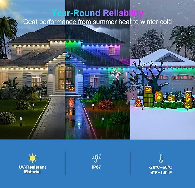 Aogled Permanent Outdoor Lights for House,100ft RGB+IC Smart Eave Lights with 60 LEDs,IP67 Waterproof,Remote/APP Control,DIY Scene Modes&Music Sync Lighting for Outdoor Christmas Decorations