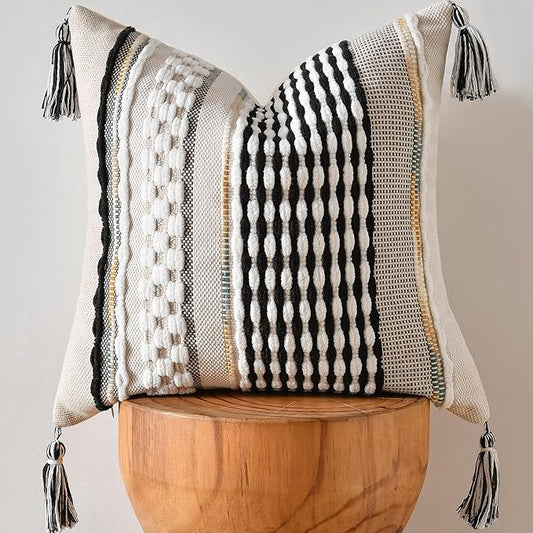 AmHoo Chenille Striped Textured Boho Throw Pillow Covers Aesthetic with Tassels Woven Decorative Pillow Case for Couch Bed Sofa Bedroom Modern Funky 18 x 18-Inch Black