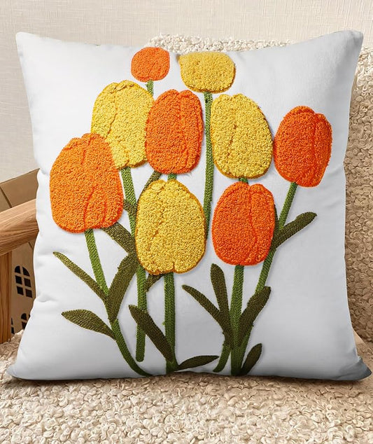 Embroidered Throw Pillow Cover - 18x18 Decorative Pillow Cover with Zipper Aesthetic Cute Design Boho Spring Summer Cozy Throw Pillowcase for Living Room Couch Sofa Bed, Yellow Tulips