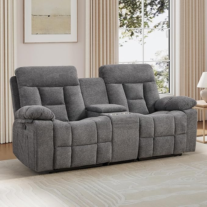 EBELLO Loveseat Recliner Sofa for Living Room, Extra Wide Modern Overstuffed 2 Seat Reclining Manual Sofa Chair, with Hidden Armrest Cup Holders, Breathable Fabric, Light Grey