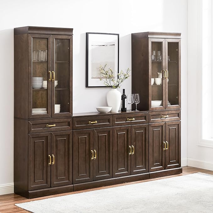 Crosley Furniture Stanton 3-Piece Sideboard Buffet Cabinet and Glass Door Kitchen Storage Pantry Set, Coffee