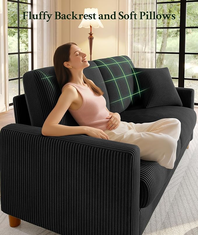 Welzona 70.2" Couches for Living Room, Comfy Black Couch 7.1" Extra Thick Cushion, Sofas for Living Room Tool-Free Setup, Loveseat Sofa 705lbs Support, Corduroy Couch for Bedroom, Apartment, Office