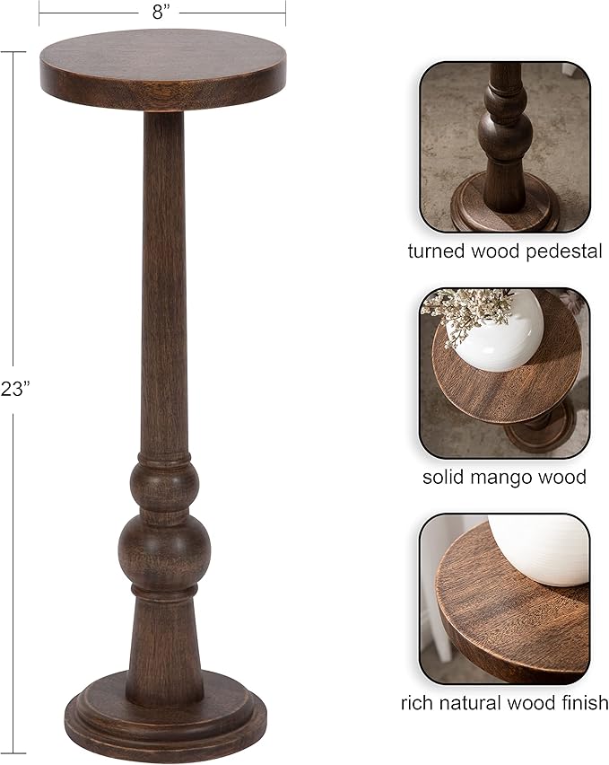 Kate and Laurel Wegner Traditional Wooden Round Drink Table; 8 x 23; Rich Brown; Elegant and Durable Pedestal Table for Use as Small Drink Table; Plant Stand; or Decorative Item Display