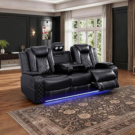 Power Leather Reclining Sofa with LED Light,Double Recliner Sofa with Drop Down Coffee Table/USB Port/Storage,3 Seater Leather Couch for Living Room Furniture Sets(3 Seats,Black)