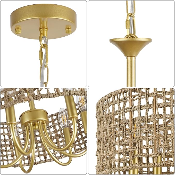 6-Light Large Woven Rattan Chandelier, 17.7'' Boho Pendant Light Gold Drum Hanging Light Fixture, Coastal Handwoven Wicker Chandeliers for Dining Room Living Room Kitchen Hallway