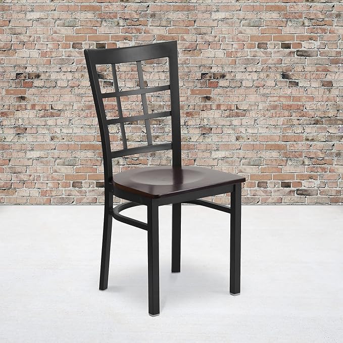Flash Furniture 2 Pack HERCULES Series Black Window Back Metal Restaurant Chair - Walnut Wood Seat