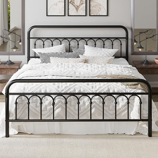 Allewie 14 Inches King Size Metal Platform Bed Frame with Victorian Style Curved Iron-Art Headboard/Footboard, Metal Slats Support, Easy Assembly, Under Bed Storage, No Box Spring Required, Black