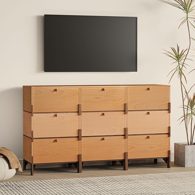 Sebastack Sideboard, Buffet Cabinet with 3 Storage Drawers, Easy Assembly Coffee Bar Cabinet, Wood Buffet Table for Kitchen, Dining Room, Bathroom, Beech and Basswood Color Combo (1 pcs)
