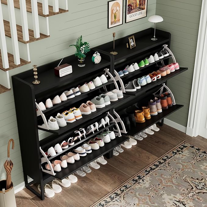 Shoe Cabinet, Shoe Storage Cabinet with 2 Flip Drawers & Adjustable Shelf, Space-Saving Shoe Organizer – Holds 16+ Pairs, Narrow Shoe Cabinet Storage for Entryway/Hallway（Black）