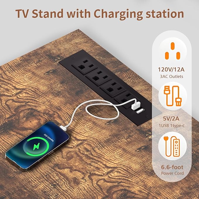 VECELO LED TV Stand for 65 inch, Entertainment Center with Power Outlets, Industrial Television Cabinet with 7 Open Storage Shelves, for Living Room and Bedroom, Retro Brown, 65inch