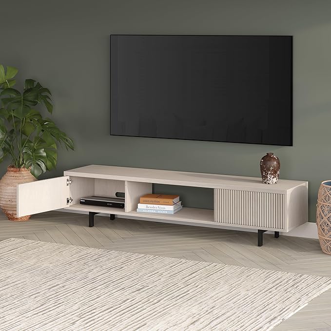 Henn&Hart Fluted TV Stand for TVs up to 78" with 2 Ribbed Side Storage Cabinets and Open Center Storage for Living Room, Family Room, or Office, Beech White