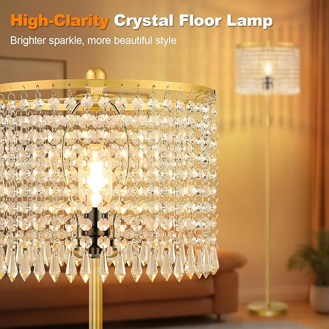 【Upgraded】 Dimmable Crystal Floor Lamps for Living Room, 1000LM LED Bulb Included, Standing Lamp with Knob Switch, Tall Gold Pole Light for Bedroom Nursery Office Corner Reading