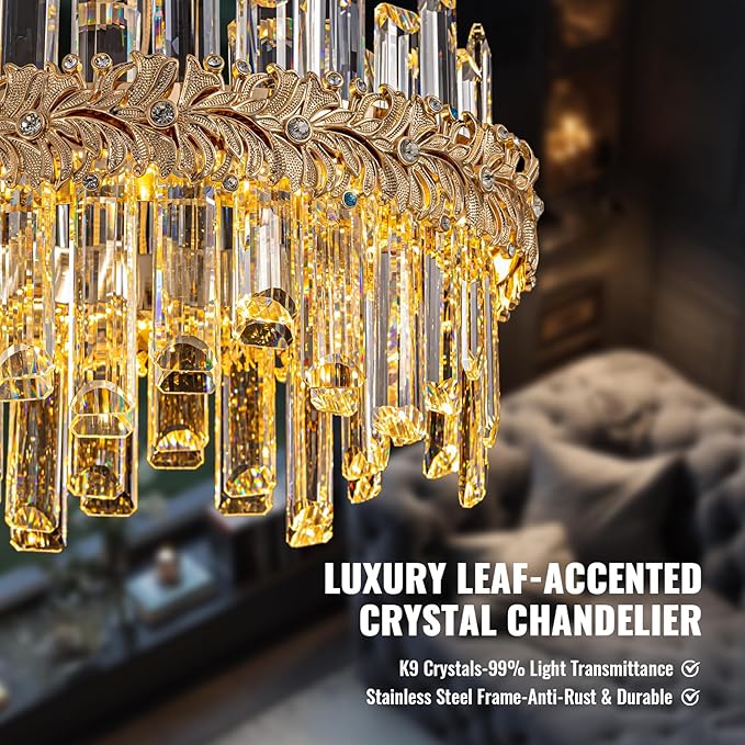 Luxury Crystal Chandeliers for Dining Room,14.9“ Gold K9 Crystal Chandelier,Adjustable Pendant Ceiling Light Fixture with Leaf-Edge for Living Room Foyer Entryway (Brass Gold 3, D15 H10)