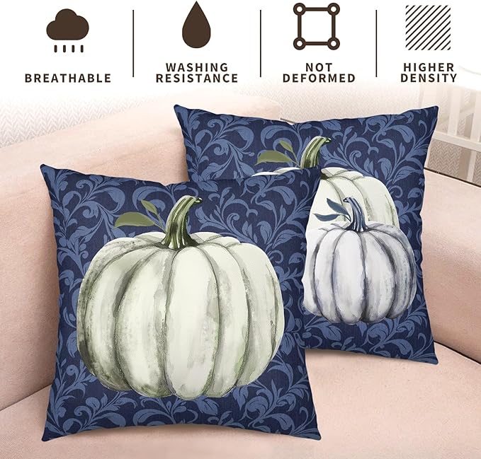 Fall Decorative Throw Pillow Covers 24 x 24 Inch Set of 2 Navy Blue White Pumpkin Outdoor Pillow Covers Autumn Thanksgiving Harvest Cushion Case for Farmhouse Living Room Decor