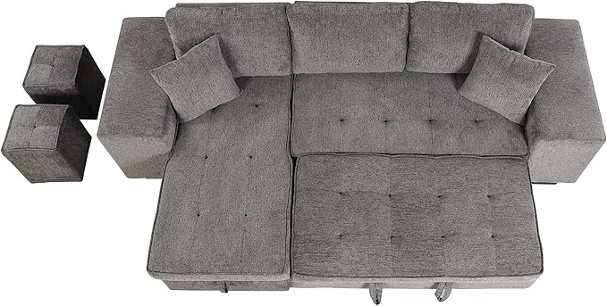 Merax Pull Out Sleeper Sofa with Storage Chaise and 2 Stools for Living Room, Modern L-Shape 3 Seat Reversible Sectional Couch
