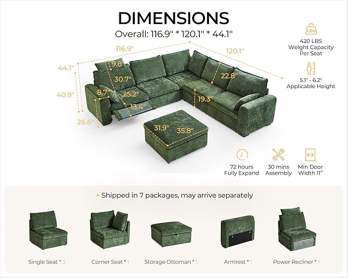 Oversized Modular Sectional Sofa with Power Recliner, Plush Cloud Couch with Headrest, Convertible Deep L-Shaped 6 Seater with Corner and Storage Ottoman, Chenille, Green