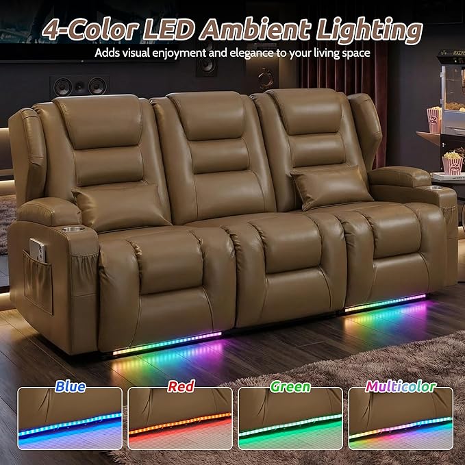 SAMERY Power Loveseat Recliner Sofa, Wall Hugger Reclining Loveseat Sofa, Movie Home Theater Seating with Flip-Backrest, Solid Wood Top, Ambient LED Lights, USB-C, Outlets, Faux Leather, Khaki | Extra Wide Seat, Plush Padding, Dual Power Recline, Flip-...