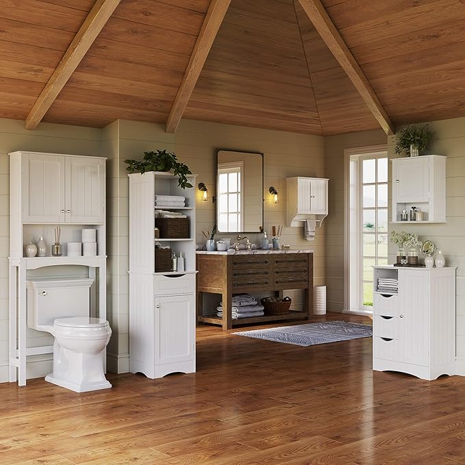 RiverRidge Ashland Bathroom Storage Cabinet with 3 Drawers, Adjustable Shelf & Beadboard Styling - White Bathroom organizer - Freestanding Storage Cabinet