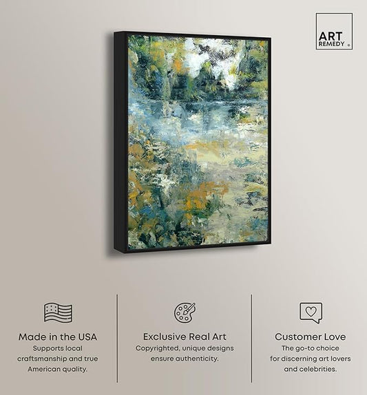 Art Remedy Green Moss Monet Garden Green Abstract Canvas Wall Art, Black Floater Frame, 10"x15"