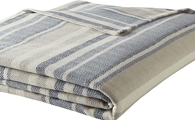 Eddie Bauer - Twin Size Blanket, 100% Soft Cotton Bed Blanket for Year Round Comfort, Throw Blanket for Couch or Bed (Herringbone Blue Stripe)
