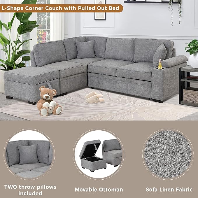Merax Sofa Bed Sleeper Couch L Shaped Sofa with Storage Ottoman and Cup Holder, L-Shape Sectional Couch with Comfortable backrest and Charging Function for Living Room and Small Apartment (Gray)