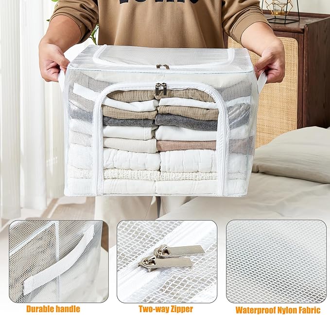 Clear Stackable Clothes Storage Bins with Metal Frame, Foldable Storage Box with Lid, Bedroom, Closet Organizers and Storage Container with Zippers & Durable Handles (Clear, 3 Pack)