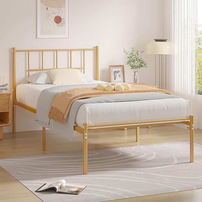 VECELO Twin Metal Platform Bed Frame with Headboard, Heavy Duty Steel Slat Support, Under Bed Storage,No Box Spring Needed, Easy Assembly