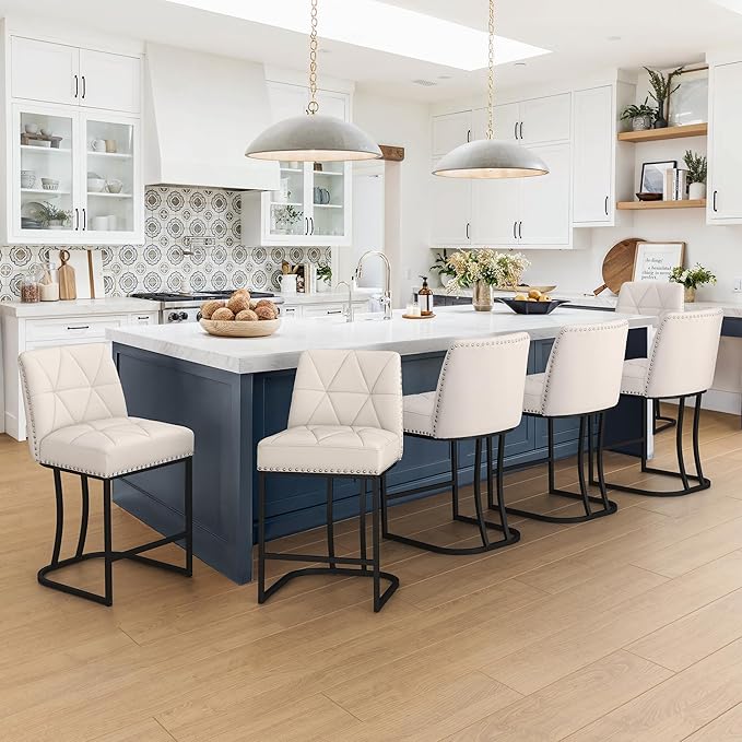 LUE BONA Bar Stools Set of 6, 24" Modern Counter Height Stools with 5.5" Thick Cushion and Nailhead, Upholstered Linen Fabric Barstools for Kitchen Island, Beige