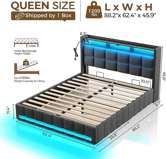 Rolanstar Bed Frame Queen Size with Lift Up Storage, Charging Station & LED Lights, Upholstered Storage Headboard, Heavy Duty Wooden Slats, No Box Spring Needed, Noise Free, Easy Assembly, Dark Grey