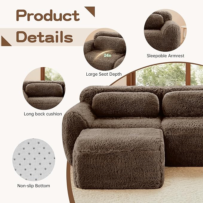 80.4-Inch Boneless Love Seat Couches in a Box, Modern 2 Seat Floor Modular Foam Cloud Sofa Faux Fur Loveseat Couch W/Angle Armrests for Home Apartments Bedroom