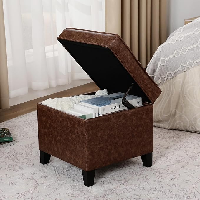 Adeco 17-inch Tufted Faux Leather Storage Ottoman, Square Footrest Stool with Hinged Lid and Solid Wood Legs, Small Accent Foot Stool for Living Room & Bedroom, Dark Brown