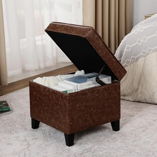 Adeco 17-inch Tufted Faux Leather Storage Ottoman, Square Footrest Stool with Hinged Lid and Solid Wood Legs, Small Accent Foot Stool for Living Room & Bedroom, Dark Brown