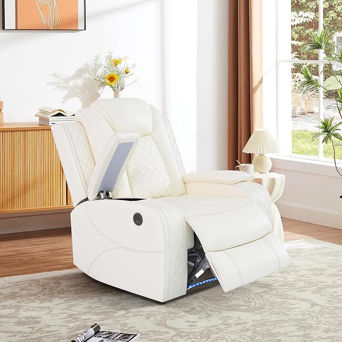 Breathing Leather Power Recliner Sofa Set, 2 Piece Leather Couch and Recliner Chair Set, Living Room Furniture Set with USB Charging/LED Lights (Creamy White, Sofa+Chair)