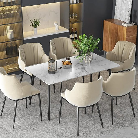 Sintered Stone Dining Table,63" Modern Faux Marble Kitchen Table, Grey Rectangular Slate Patio Table with Metal Legs, Indoor Outdoor Stone Dining Table，Scratch and Heat Resistant(63"x35.4")