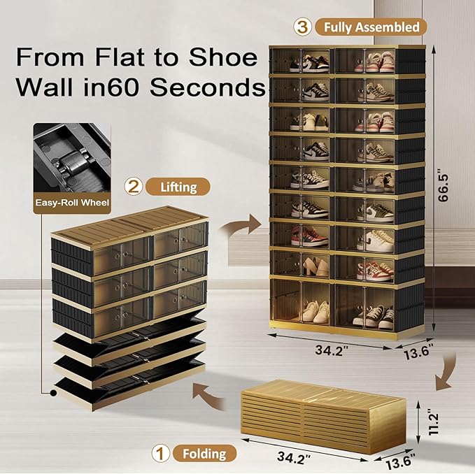 Foldable Shoe Rack Organizer 9 Tiers 36 Pairs Shoe Shelf with Doors, Large Collapsible Shoe Cabinet, Folding Plastic Storage Boxes, Easy Assembly Shoe Storage Bins for Entryway, Black Gold