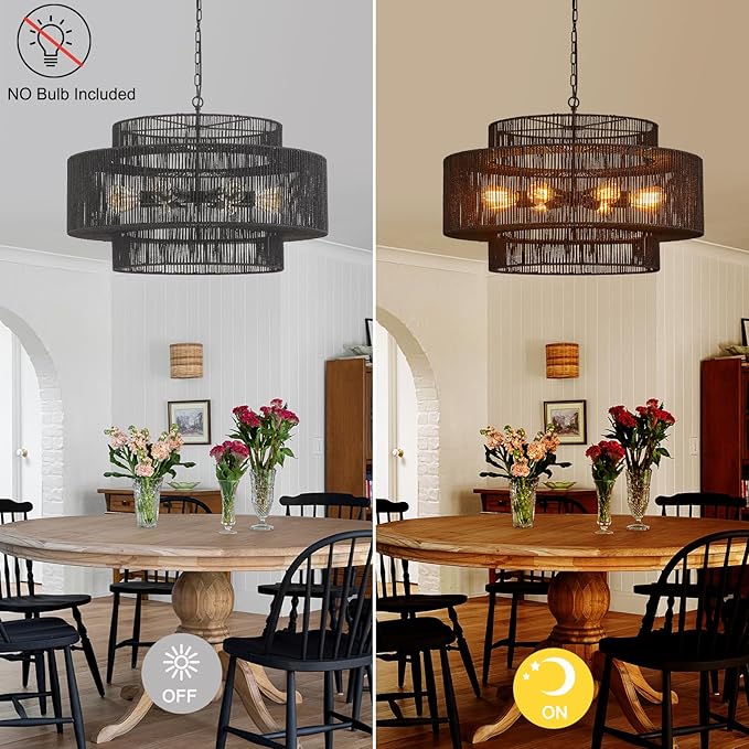30" Large Hand-Woven Rattan 8-Light Farmhouse Boho Bamboo Chandeliers Light Fixture Retro 3-Tier Drum Wicker Rattan Black Chandelier for Dining Room, Kitchen Island, Bedroom